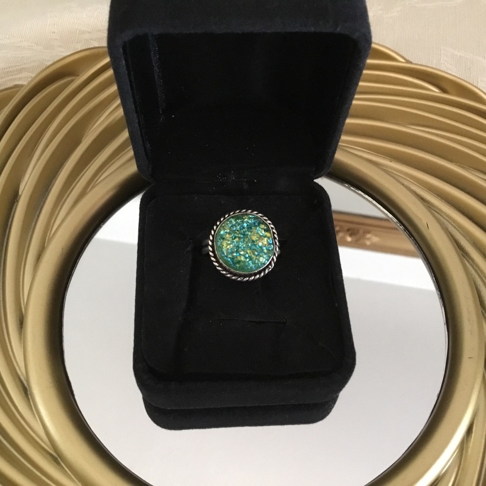 GREEN DRUZY ROUND STERLING SILVER RING/ SIZE 7